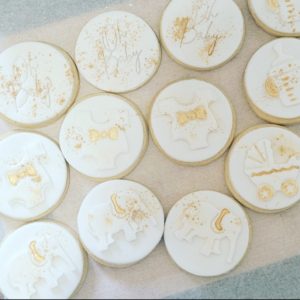 White and Gold Vanilla Baby Shower Cookies