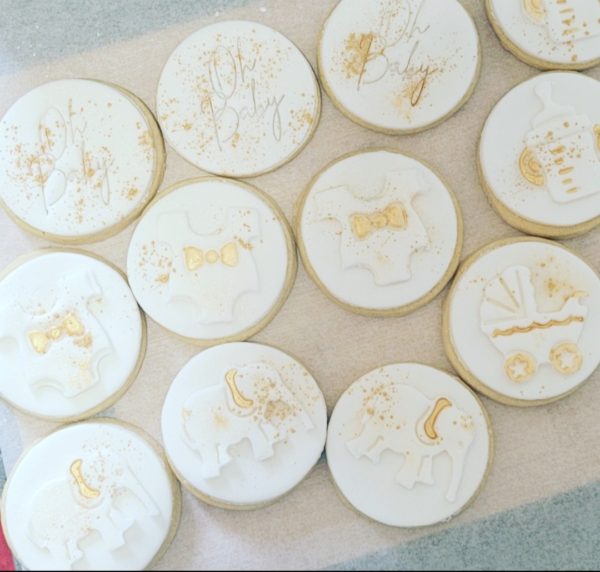 White and Gold Vanilla Baby Shower Cookies